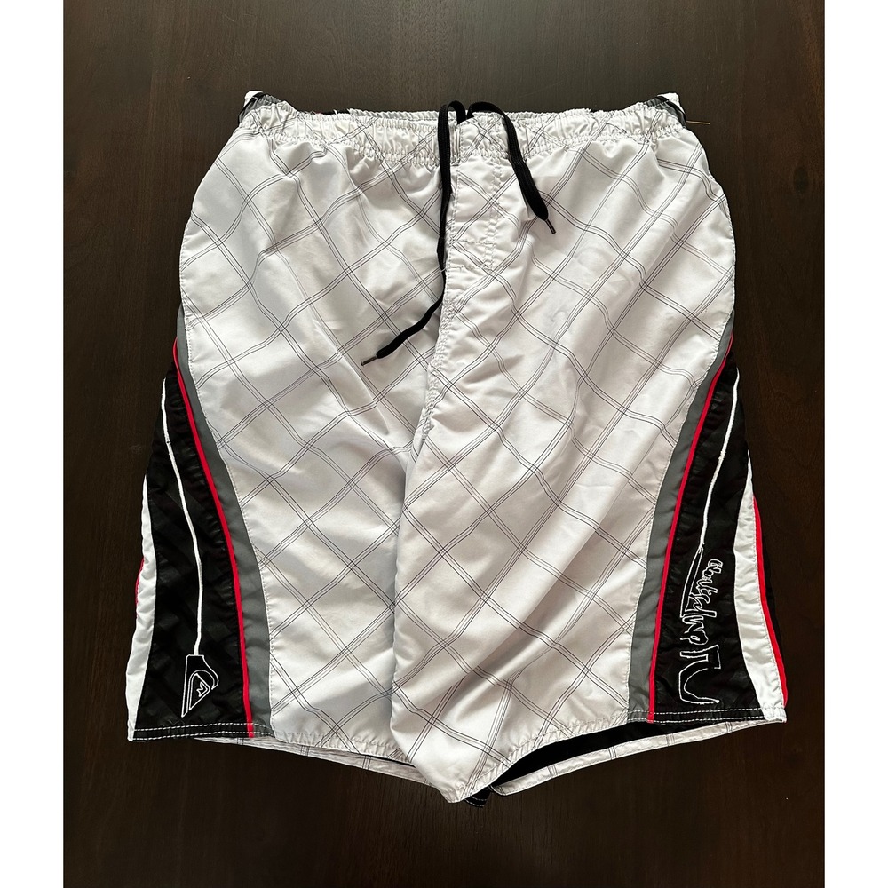 Quiksilver Mens Board Shorts White Black Grid Plaid Swim Trunks Size XL